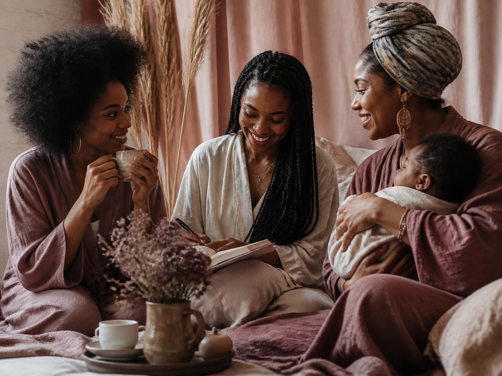 Three Black mothers gathered in a warm, sunlit space — sharing tea, journaling, and holding a baby